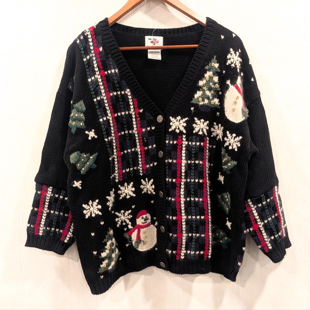 NUTCRACKER Vintage Black Knit Holiday Snowman Snowflake Christmas Cardigan